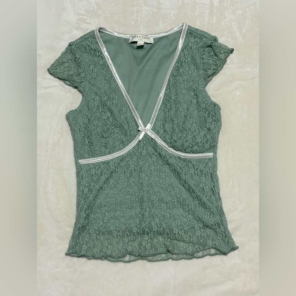 Thrifty/Thrifty LA Green Lace V-Neck Top with Silver Trim